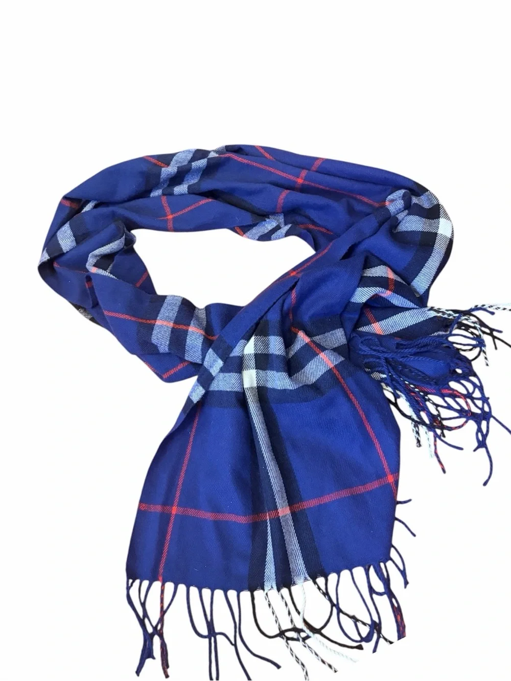 100% Cashmere Unisex Blue Red Black White Plaid Fringe Scarf